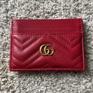 Authentic Gucci Red Leather GG Marmont Card Holder with Gold Logo